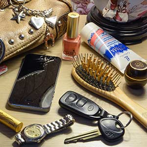 A collection of common misplaced items such as glasses, keys and phone