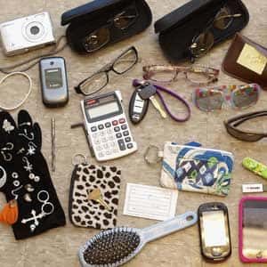 A collection of common misplaced items such as glasses, keys and phone