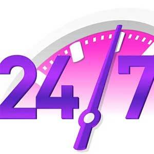'24/7' superimposed over partial view of clock